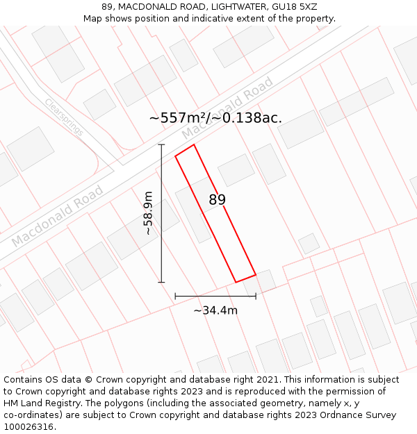 89, MACDONALD ROAD, LIGHTWATER, GU18 5XZ: Plot and title map