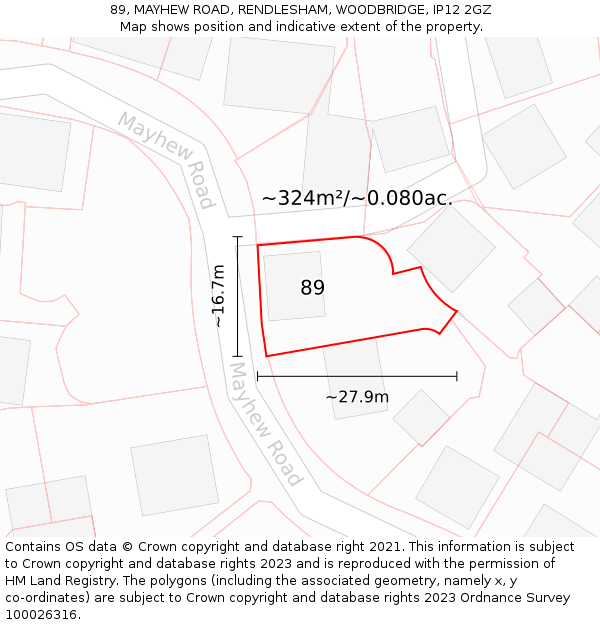 89, MAYHEW ROAD, RENDLESHAM, WOODBRIDGE, IP12 2GZ: Plot and title map