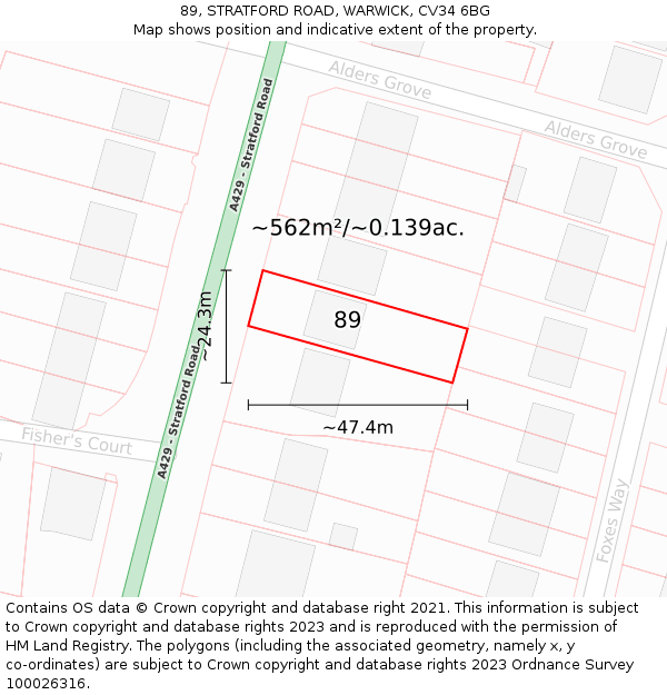 89, STRATFORD ROAD, WARWICK, CV34 6BG: Plot and title map