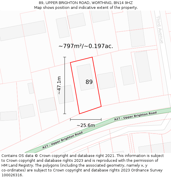 89, UPPER BRIGHTON ROAD, WORTHING, BN14 9HZ: Plot and title map