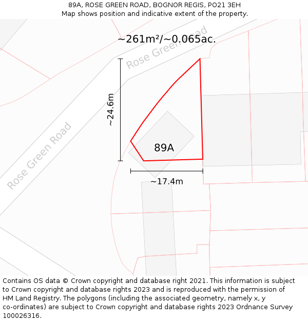 89A, ROSE GREEN ROAD, BOGNOR REGIS, PO21 3EH: Plot and title map