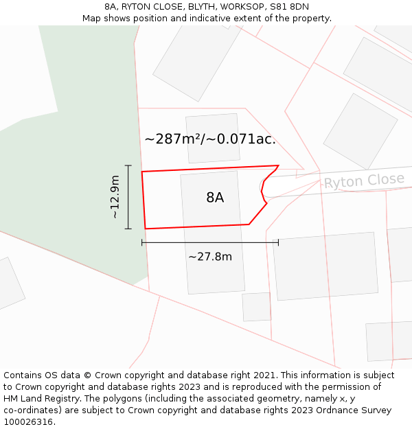 8A, RYTON CLOSE, BLYTH, WORKSOP, S81 8DN: Plot and title map