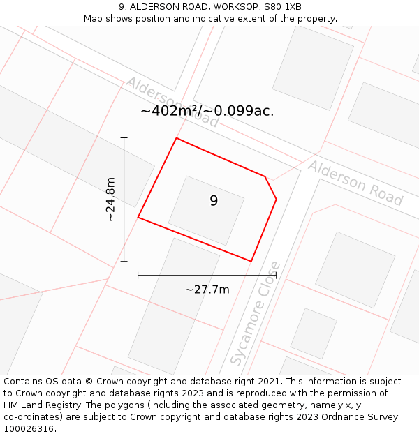 9, ALDERSON ROAD, WORKSOP, S80 1XB: Plot and title map