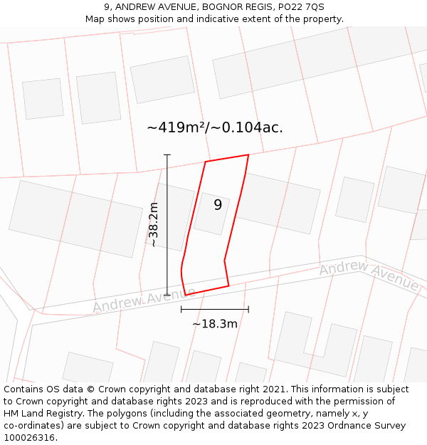 9, ANDREW AVENUE, BOGNOR REGIS, PO22 7QS: Plot and title map