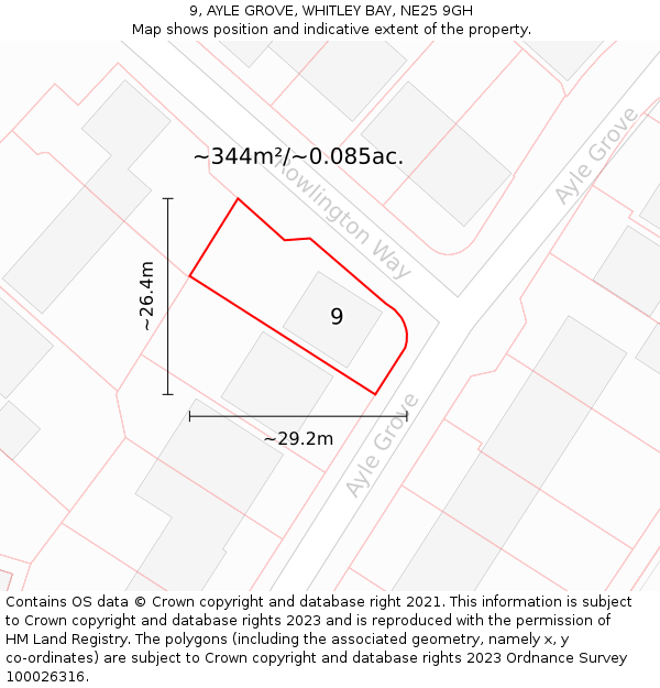 9, AYLE GROVE, WHITLEY BAY, NE25 9GH: Plot and title map