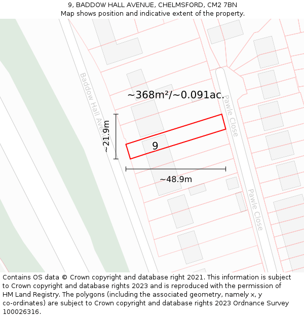 9, BADDOW HALL AVENUE, CHELMSFORD, CM2 7BN: Plot and title map