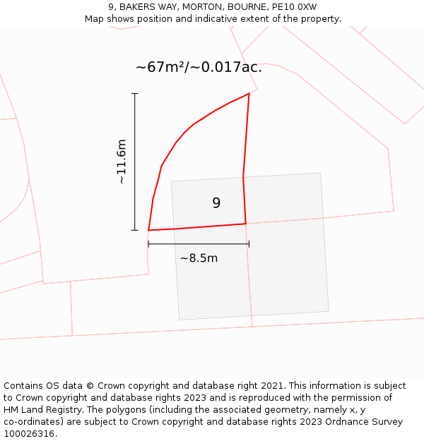 9, BAKERS WAY, MORTON, BOURNE, PE10 0XW: Plot and title map