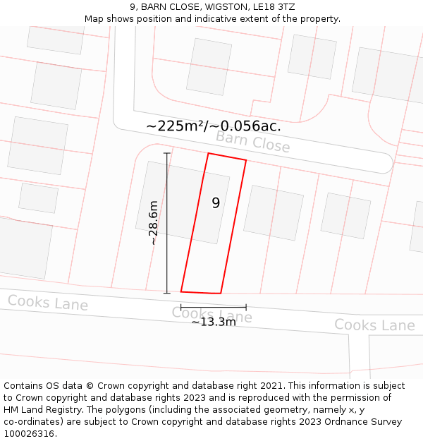 9, BARN CLOSE, WIGSTON, LE18 3TZ: Plot and title map