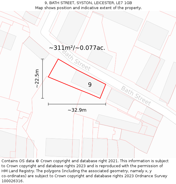 9, BATH STREET, SYSTON, LEICESTER, LE7 1GB: Plot and title map