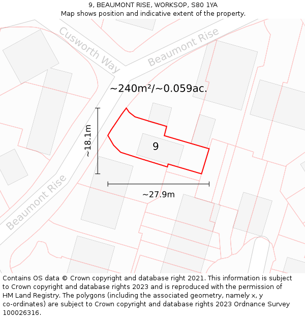 9, BEAUMONT RISE, WORKSOP, S80 1YA: Plot and title map