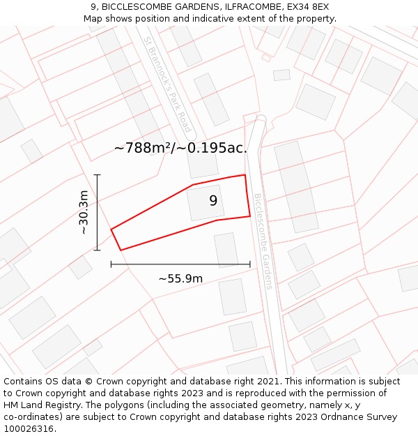 9, BICCLESCOMBE GARDENS, ILFRACOMBE, EX34 8EX: Plot and title map