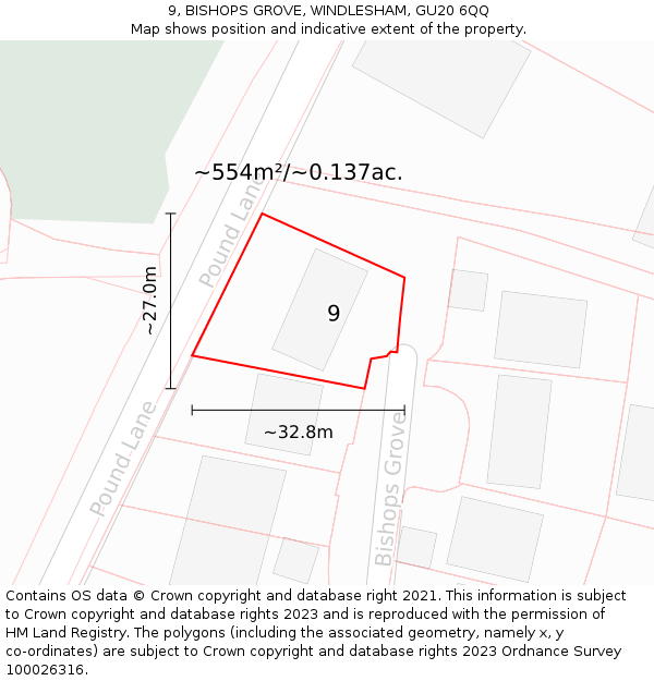 9, BISHOPS GROVE, WINDLESHAM, GU20 6QQ: Plot and title map