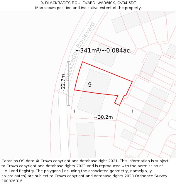 9, BLACKBADES BOULEVARD, WARWICK, CV34 6DT: Plot and title map