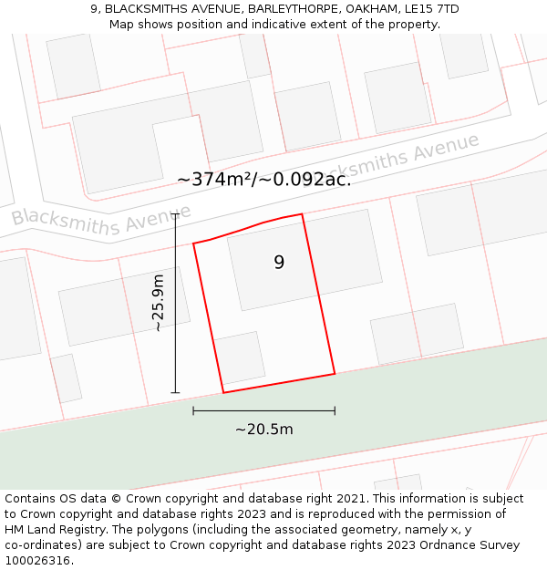 9, BLACKSMITHS AVENUE, BARLEYTHORPE, OAKHAM, LE15 7TD: Plot and title map