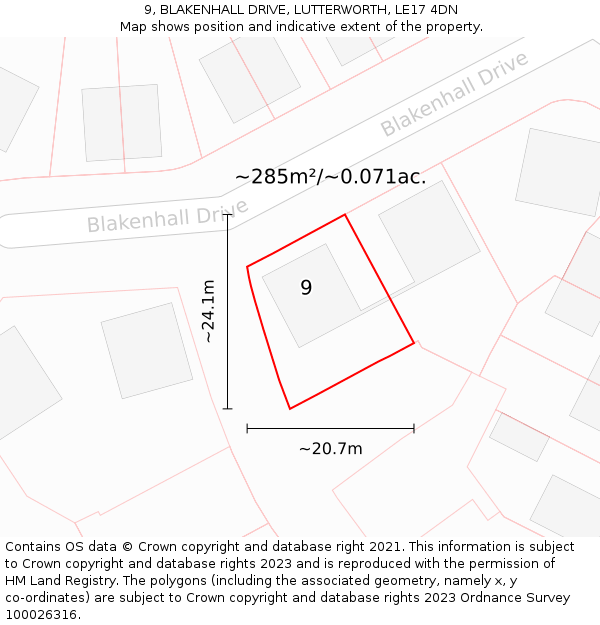 9, BLAKENHALL DRIVE, LUTTERWORTH, LE17 4DN: Plot and title map