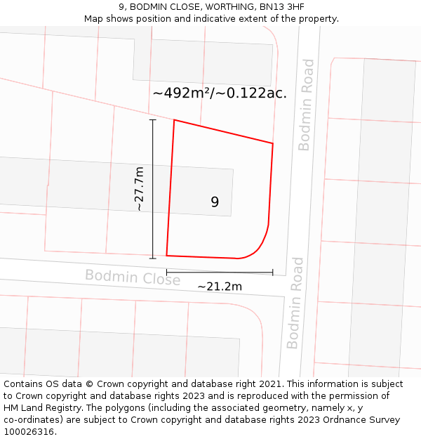 9, BODMIN CLOSE, WORTHING, BN13 3HF: Plot and title map