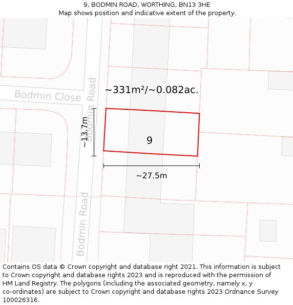 9, BODMIN ROAD, WORTHING, BN13 3HE: Plot and title map