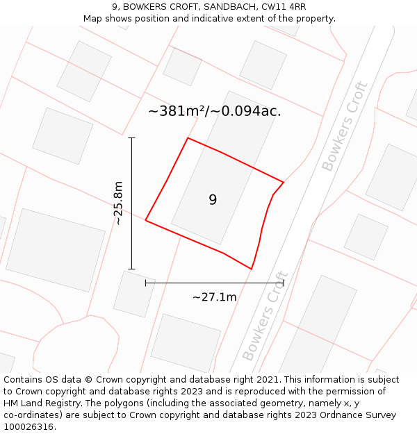 9, BOWKERS CROFT, SANDBACH, CW11 4RR: Plot and title map