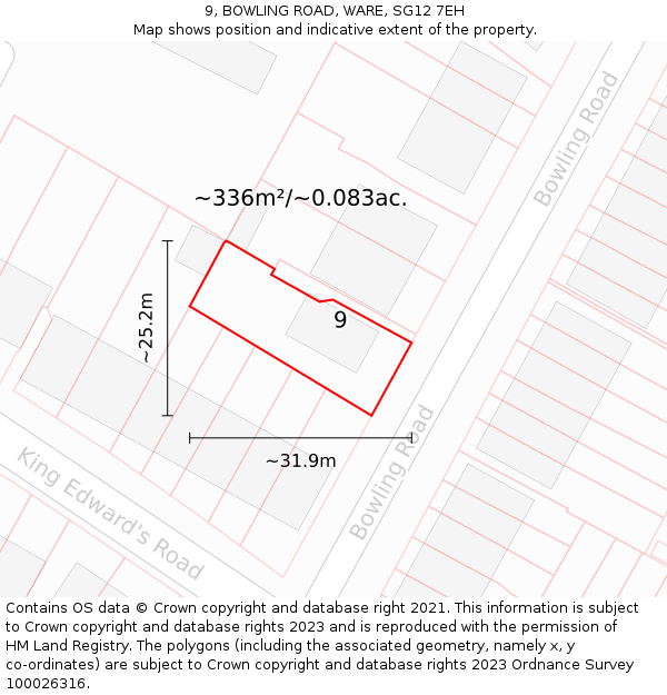 9, BOWLING ROAD, WARE, SG12 7EH: Plot and title map