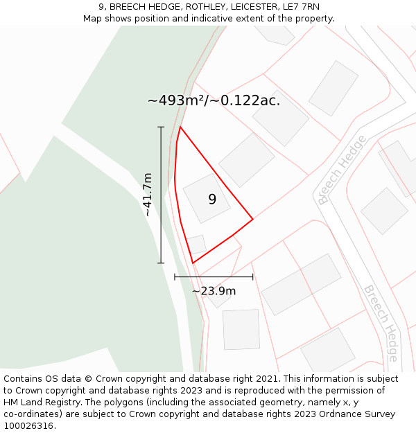 9, BREECH HEDGE, ROTHLEY, LEICESTER, LE7 7RN: Plot and title map