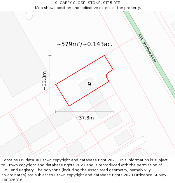 9, CAREY CLOSE, STONE, ST15 0FB: Plot and title map
