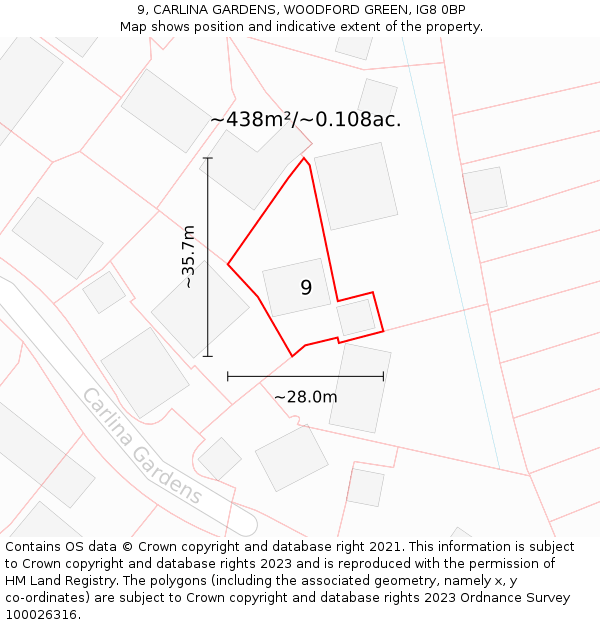 9, CARLINA GARDENS, WOODFORD GREEN, IG8 0BP: Plot and title map