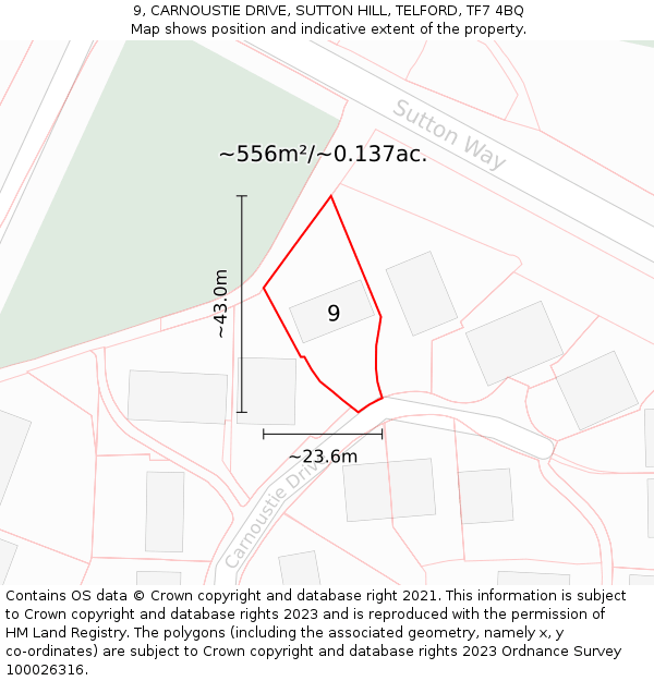 9, CARNOUSTIE DRIVE, SUTTON HILL, TELFORD, TF7 4BQ: Plot and title map