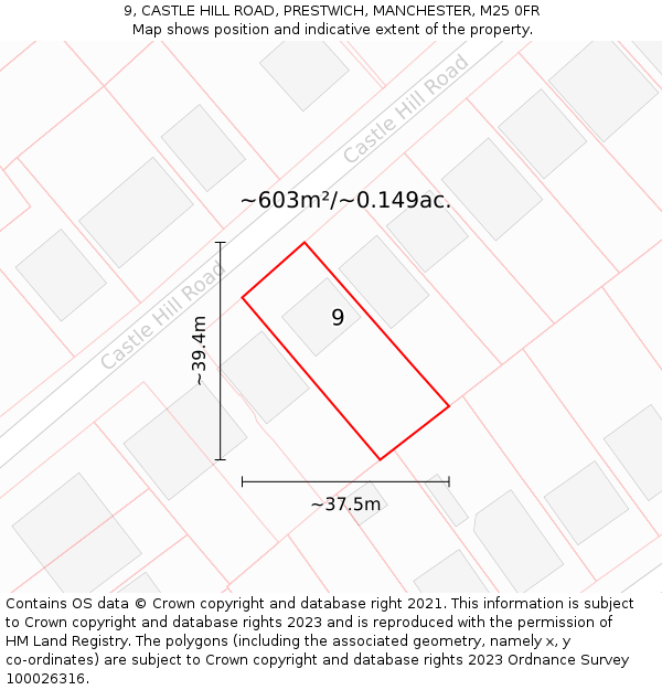 9, CASTLE HILL ROAD, PRESTWICH, MANCHESTER, M25 0FR: Plot and title map