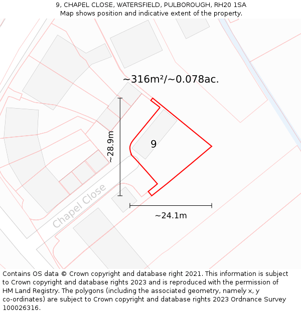 9, CHAPEL CLOSE, WATERSFIELD, PULBOROUGH, RH20 1SA: Plot and title map