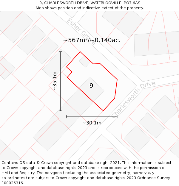 9, CHARLESWORTH DRIVE, WATERLOOVILLE, PO7 6AS: Plot and title map