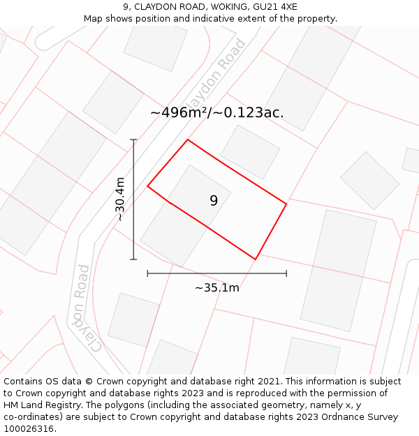 9, CLAYDON ROAD, WOKING, GU21 4XE: Plot and title map