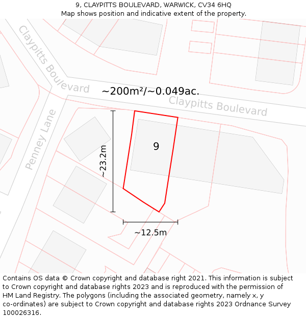 9, CLAYPITTS BOULEVARD, WARWICK, CV34 6HQ: Plot and title map