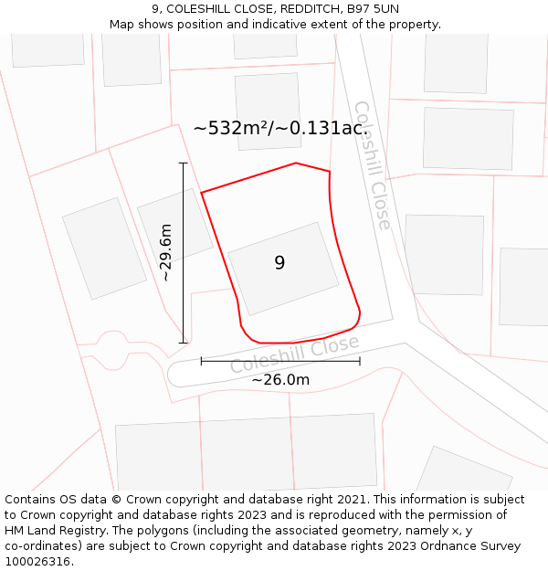 9, COLESHILL CLOSE, REDDITCH, B97 5UN: Plot and title map