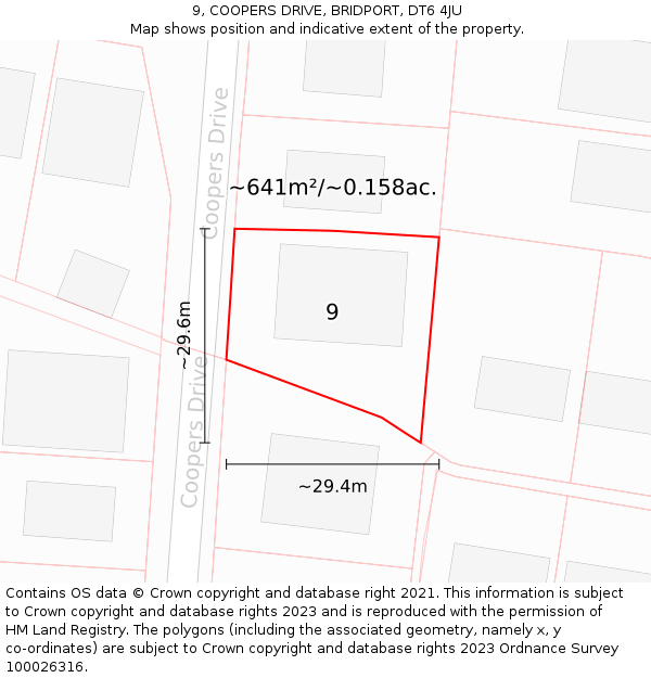 9, COOPERS DRIVE, BRIDPORT, DT6 4JU: Plot and title map