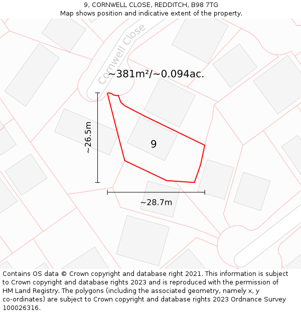 9, CORNWELL CLOSE, REDDITCH, B98 7TG: Plot and title map