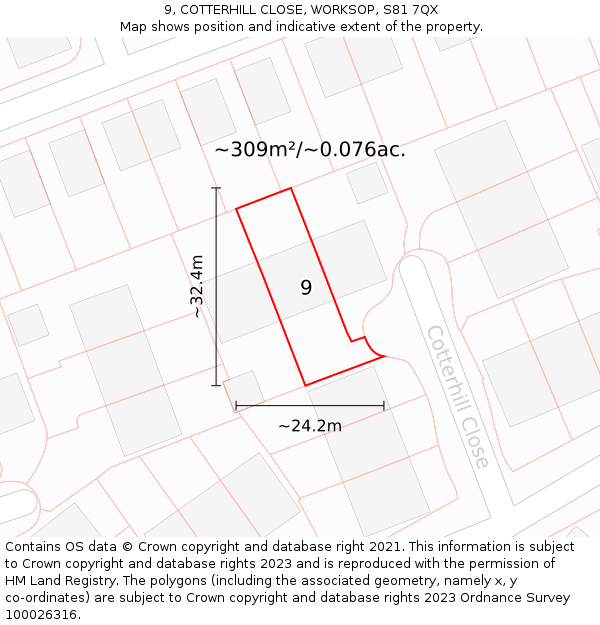 9, COTTERHILL CLOSE, WORKSOP, S81 7QX: Plot and title map