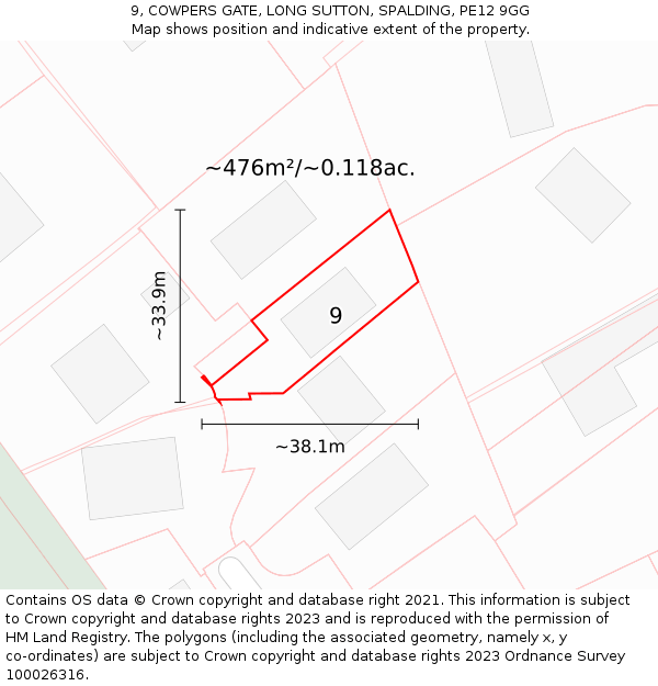 9, COWPERS GATE, LONG SUTTON, SPALDING, PE12 9GG: Plot and title map