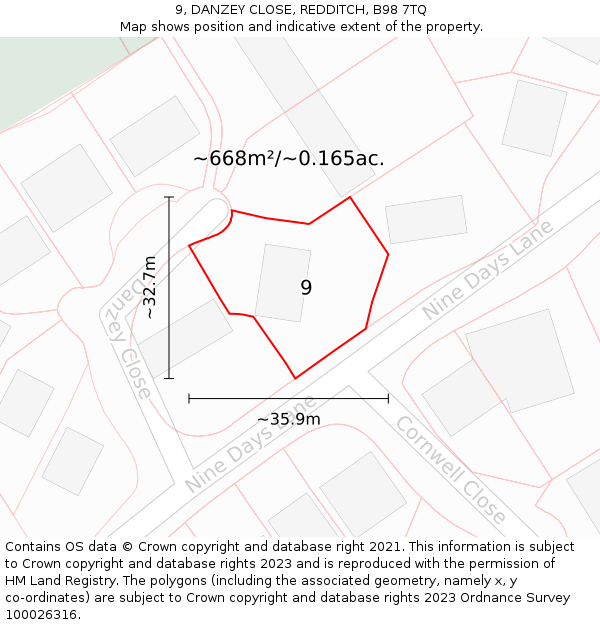 9, DANZEY CLOSE, REDDITCH, B98 7TQ: Plot and title map