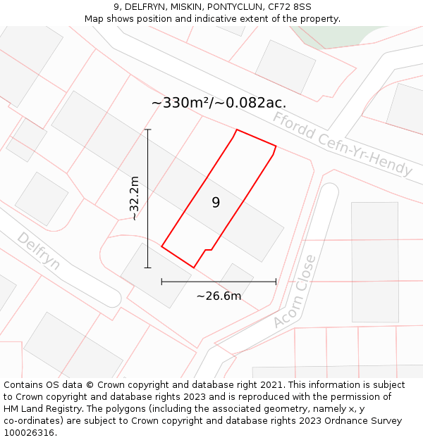 9, DELFRYN, MISKIN, PONTYCLUN, CF72 8SS: Plot and title map