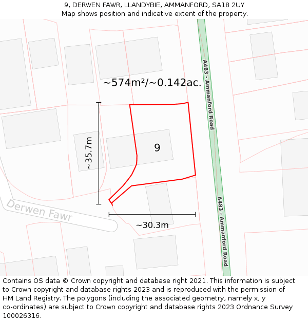 9, DERWEN FAWR, LLANDYBIE, AMMANFORD, SA18 2UY: Plot and title map