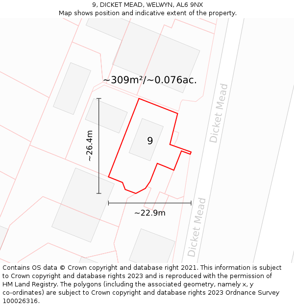 9, DICKET MEAD, WELWYN, AL6 9NX: Plot and title map