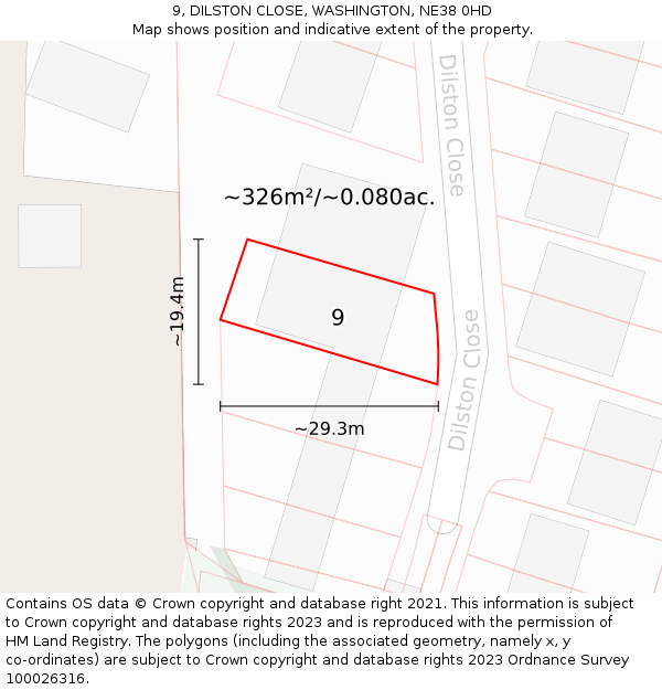 9, DILSTON CLOSE, WASHINGTON, NE38 0HD: Plot and title map