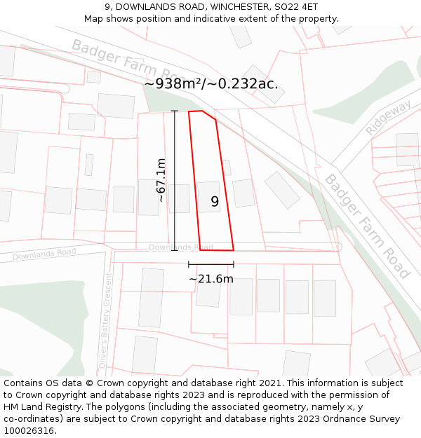 9, DOWNLANDS ROAD, WINCHESTER, SO22 4ET: Plot and title map