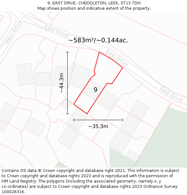 9, EAST DRIVE, CHEDDLETON, LEEK, ST13 7DN: Plot and title map