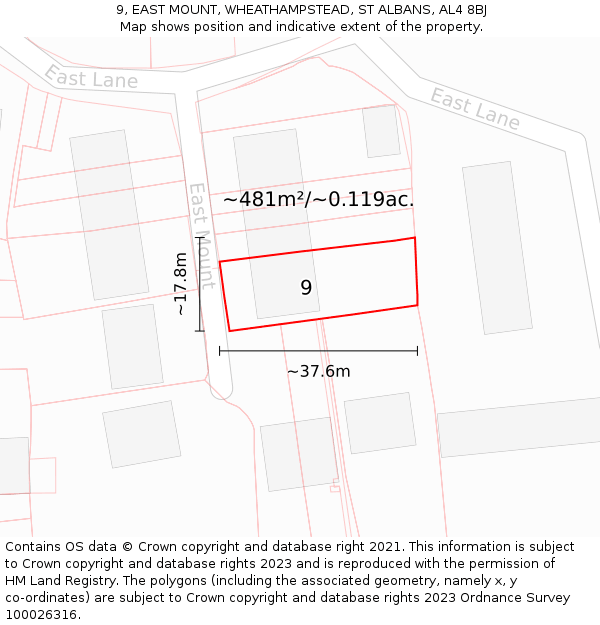 9, EAST MOUNT, WHEATHAMPSTEAD, ST ALBANS, AL4 8BJ: Plot and title map