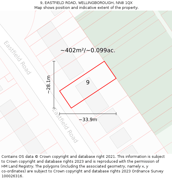 9, EASTFIELD ROAD, WELLINGBOROUGH, NN8 1QX: Plot and title map