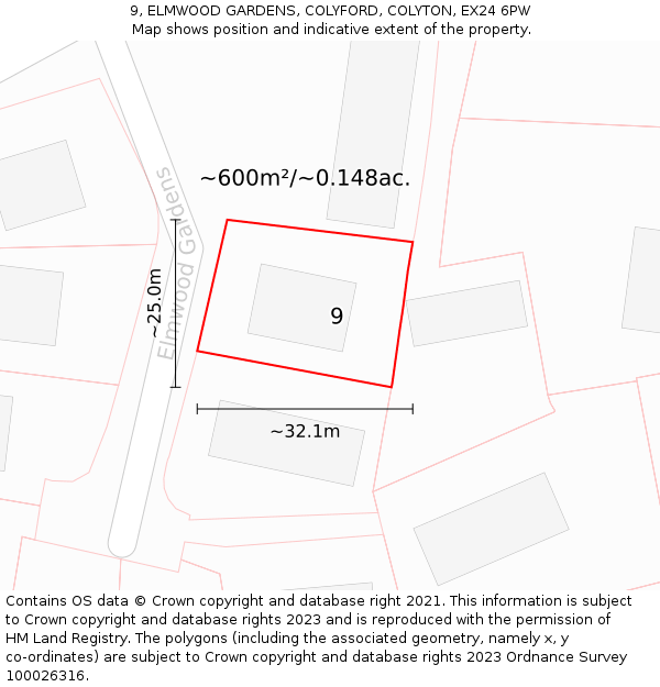 9, ELMWOOD GARDENS, COLYFORD, COLYTON, EX24 6PW: Plot and title map