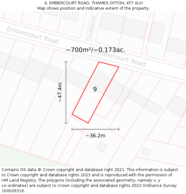9, EMBERCOURT ROAD, THAMES DITTON, KT7 0LH: Plot and title map