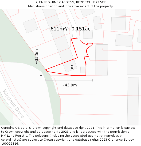 9, FAIRBOURNE GARDENS, REDDITCH, B97 5GE: Plot and title map