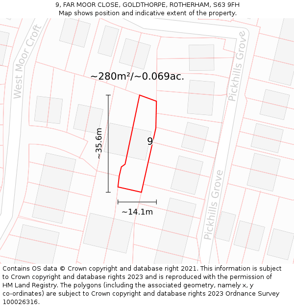 9, FAR MOOR CLOSE, GOLDTHORPE, ROTHERHAM, S63 9FH: Plot and title map